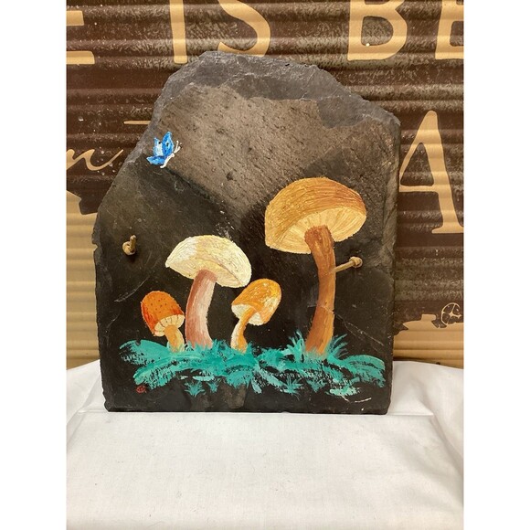 Hand Painted Slate Piece Decorated With Mushrooms Cute Woodland Scene Butterfly - Picture 1 of 9
